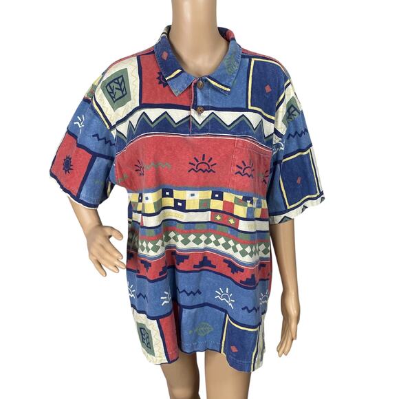 Vtg 90s True Grit Geometric Printed Polo Shirt Men's SZ M - Picture 1 of 10